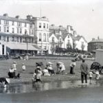 View of the beach and seafront hotels, presumably at Sandown as one hotel is the Seagrove Private Hotel