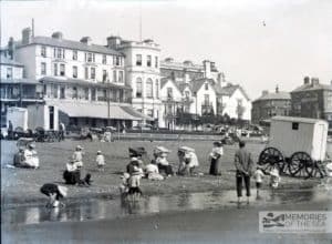 View of the beach and seafront hotels, presumably at Sandown as one hotel is the Seagrove Private Hotel