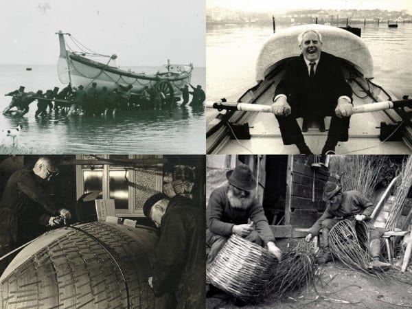 Home Page - Quotes showing old lifeboat image, uffa fox in britannia 1, boatbuilders and fishermen making lobster pots