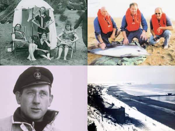 home page graphic for Photos section - four images showing Victorian women on the beach, coastguards with large fish, RNLI Coxswain Peter Smith and Sandown beach in the snow