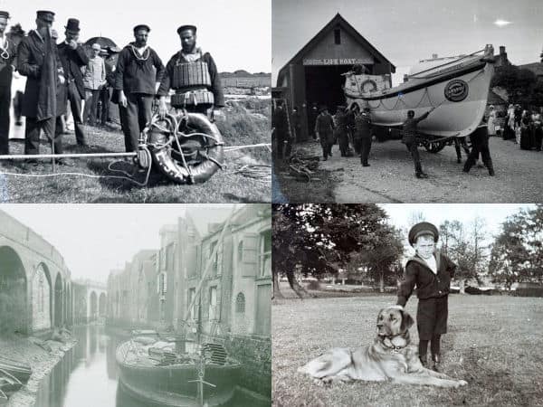 home page graphic for Themes section - four images showing coastguard, lifeboat, newport harbour and boy in sailor suit