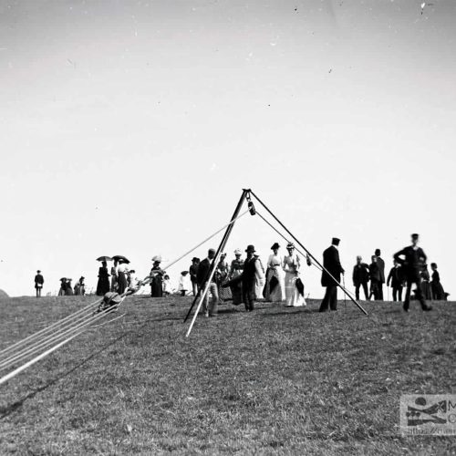 Rocket drill taking place on the clifftop. The tripod and hawser are setup