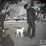 Dog with a rat (puppy?) in its mouth standing between two fisherman on the beach at Shanklin