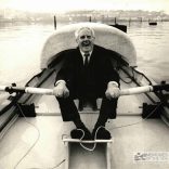 Uffa Fox on Britannia 1 before John Fairfax rowed the craft across the Atlantic in 1969